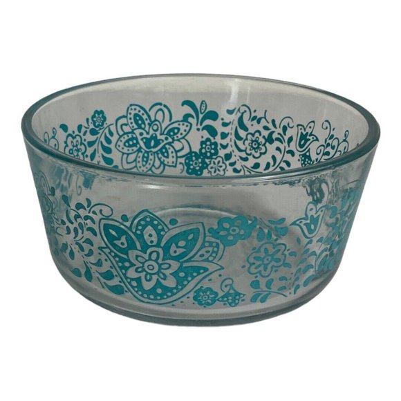Pioneer Woman Clear Glass 1 QT Bowl Blue Teal Floral Pattern 4 cups Replacement - Picture 4 of 9